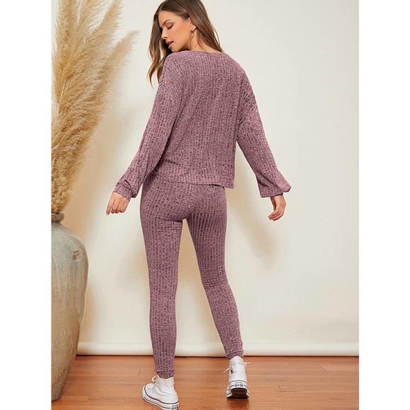 🌟2 piece set: ribbed knit Marled long sleeve Top & Knot Waist Leggings Set gray - Picture 3 of 5